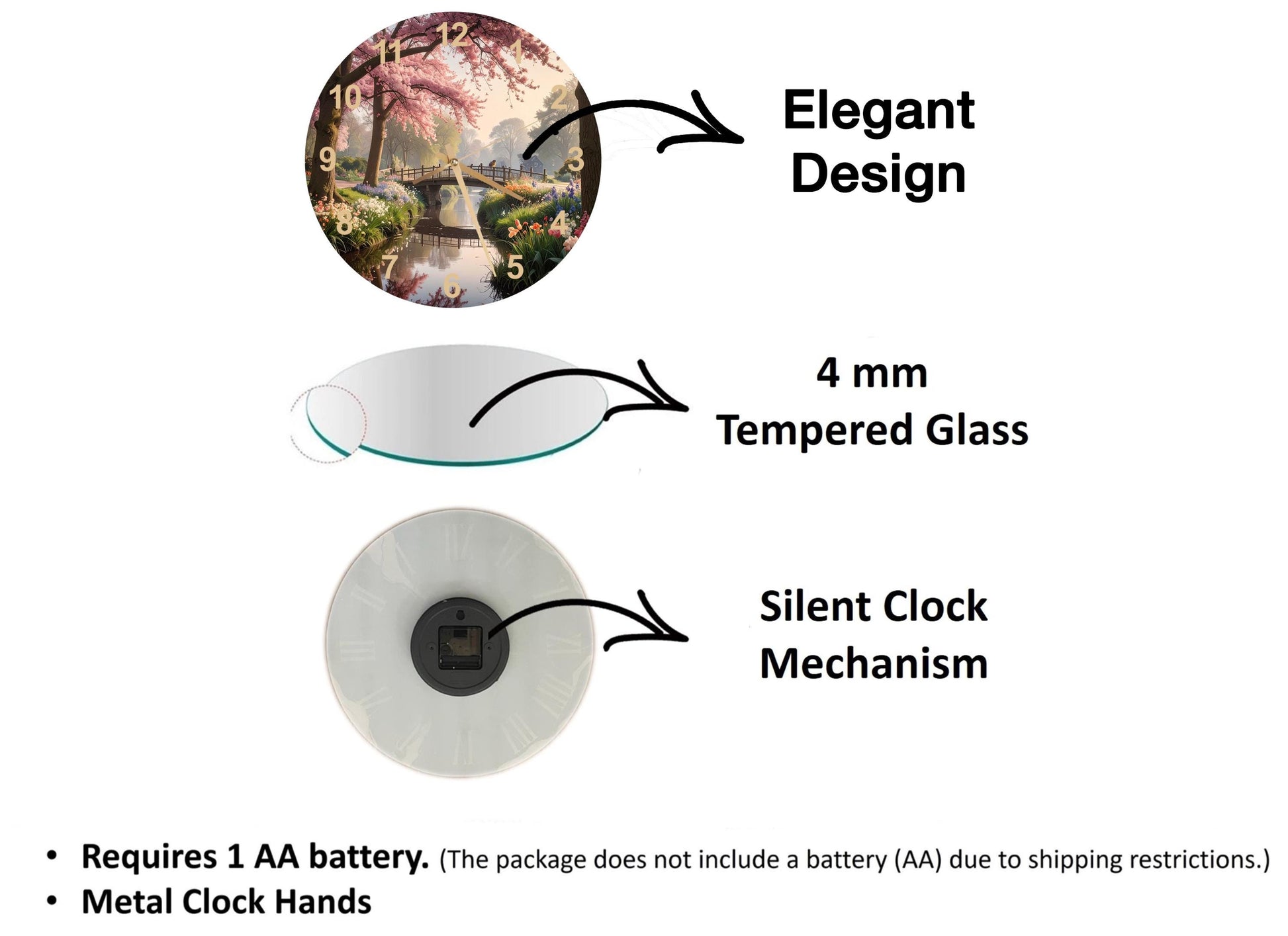 The image is a diagram that illustrates the features of a clock, including its design, size, and mechanism. It shows a 4 mm Tempered Glass clock, a silent clock mechanism, and a metal clock hand. The diagram also includes text that explains the features of the clock, such as the requirement of a 1 AA battery and the absence of a battery (AA) due to shipping restrictions.
