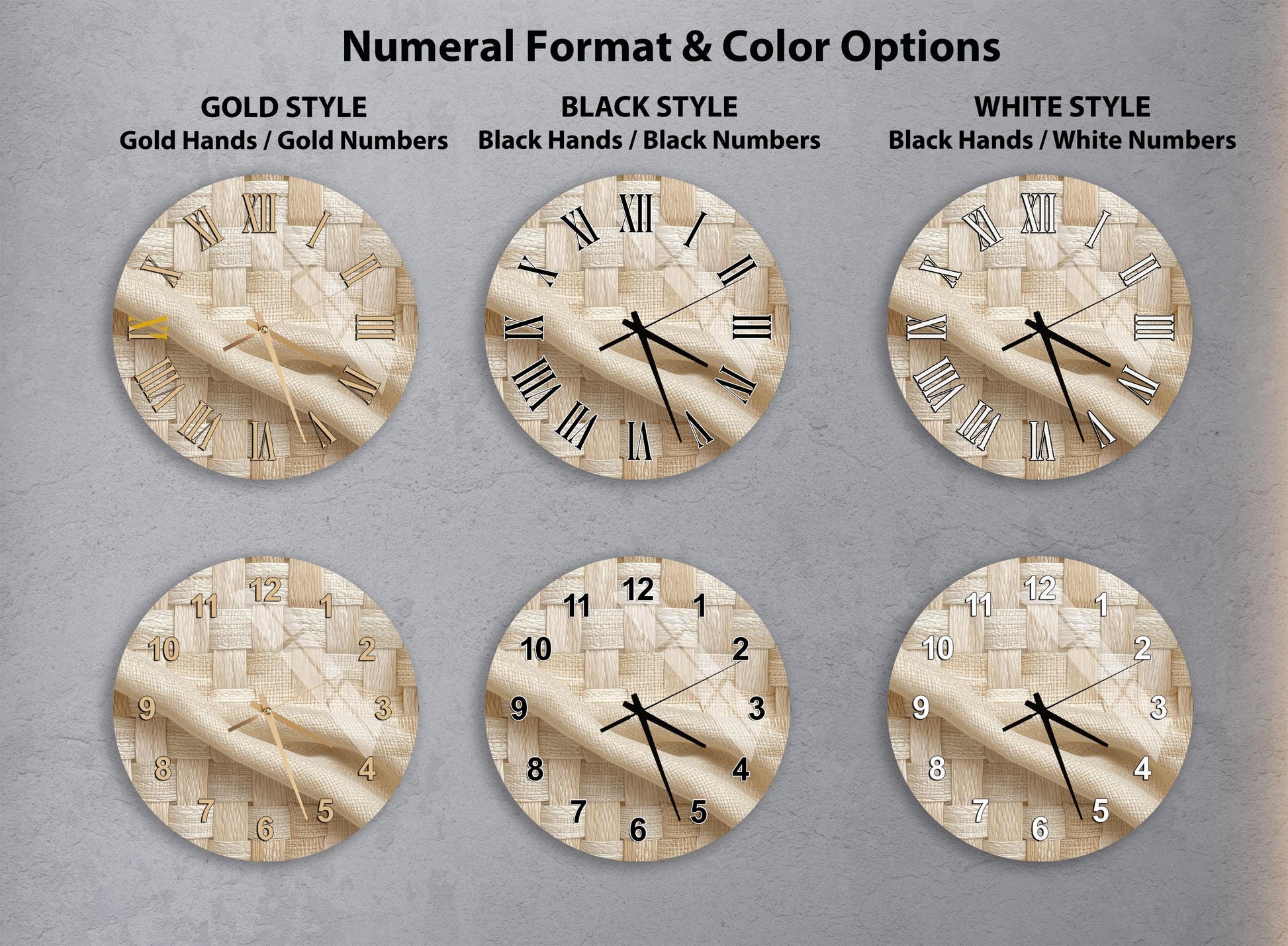 a collection of six clock faces with different styles and color options, arranged in a grid format.