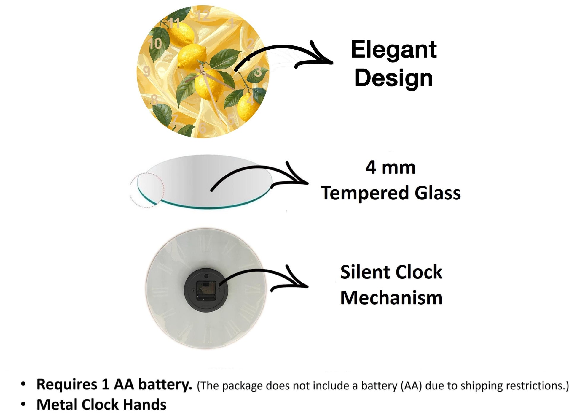 The image is a diagram that illustrates the features of a clock mechanism, including a 4 mm Tempered Glass face, a Silent Clock Mechanism, and Metal Clock Hands.