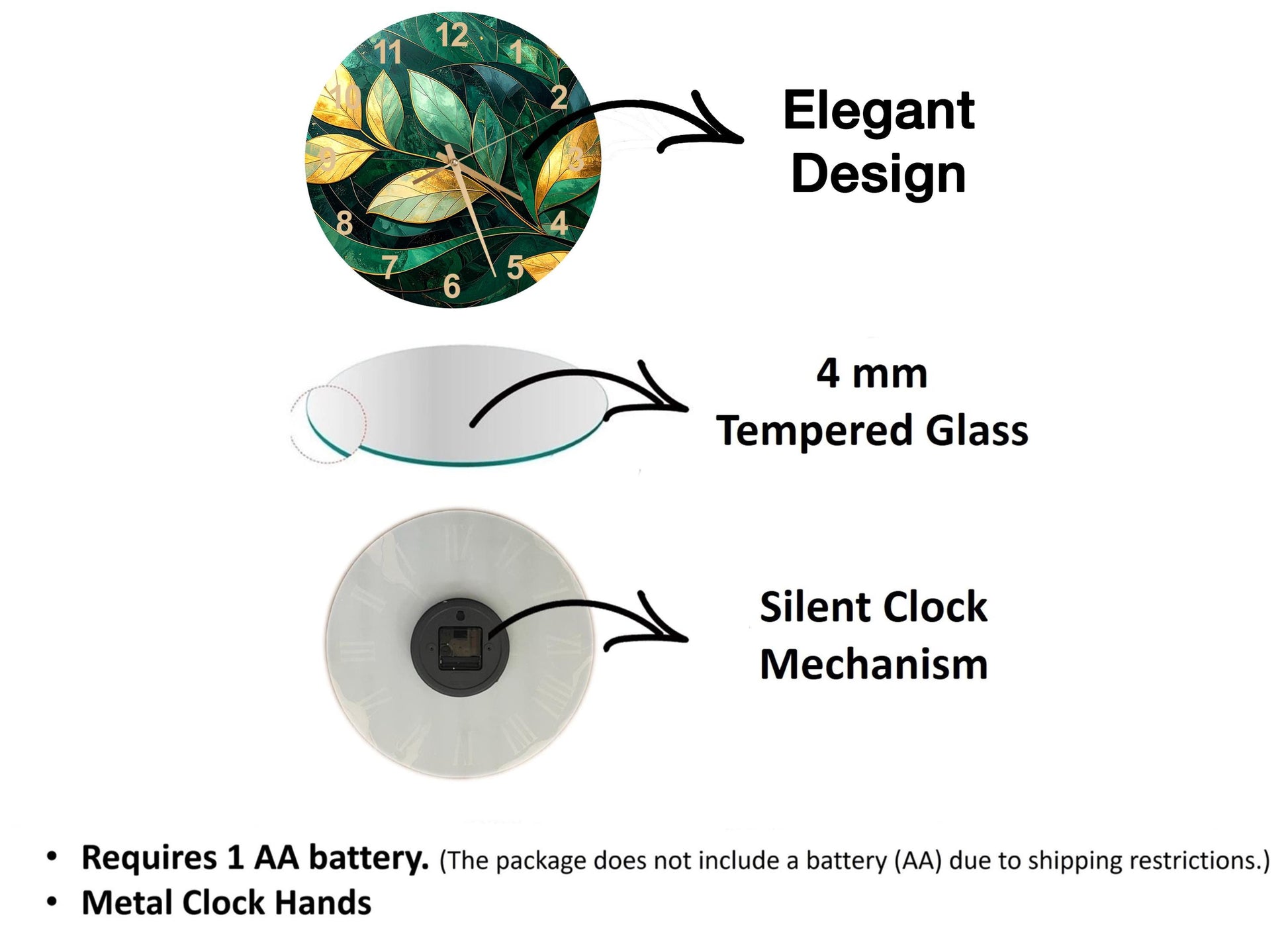 The image is a diagram that illustrates the features of a clock, including its design, materials, and mechanism.
