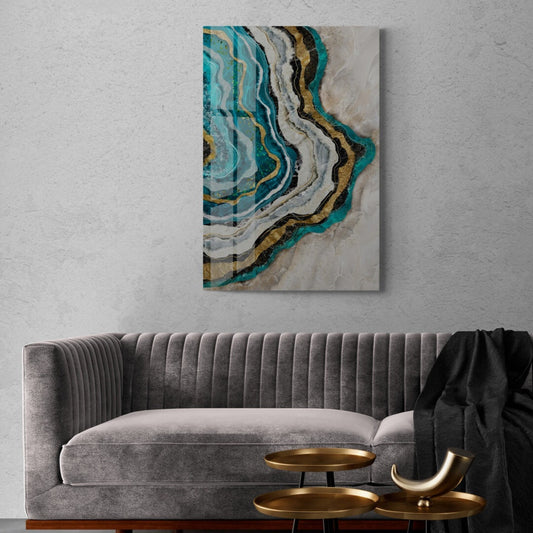 Tempered Glass Wall Art – Abstract Agate Waves in Teal, Gold & Black Glossy Panel