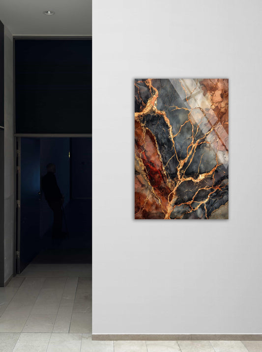 Abstract Tempered Glass Wall Art - Red Black Gold Marble Panel | Luxury Decor