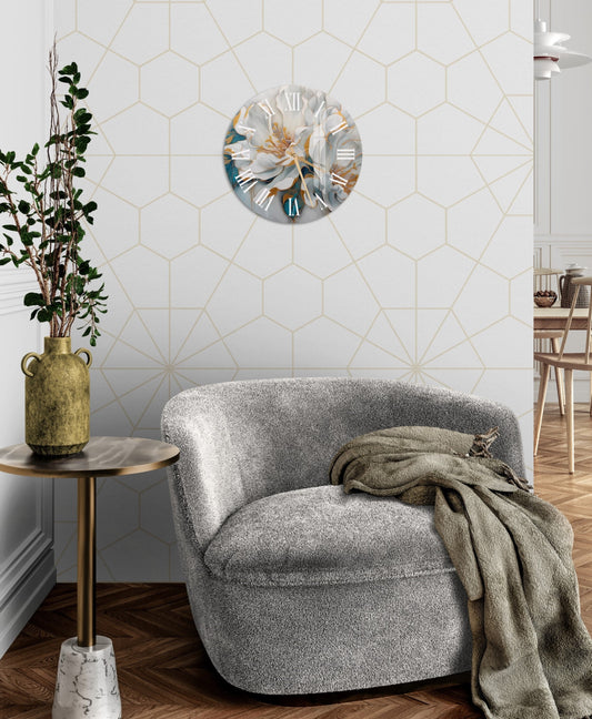 a living room with a chair and a table