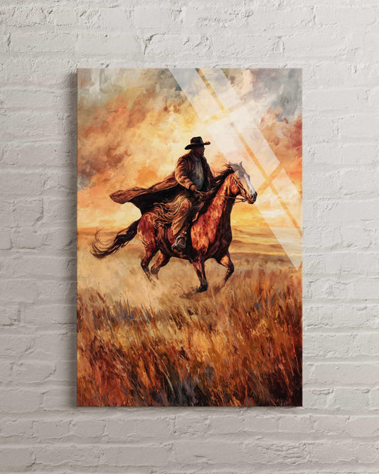 Tempered Glass Wall Art - Western Cowboy Horse Painting | Rustic Living Room Decor