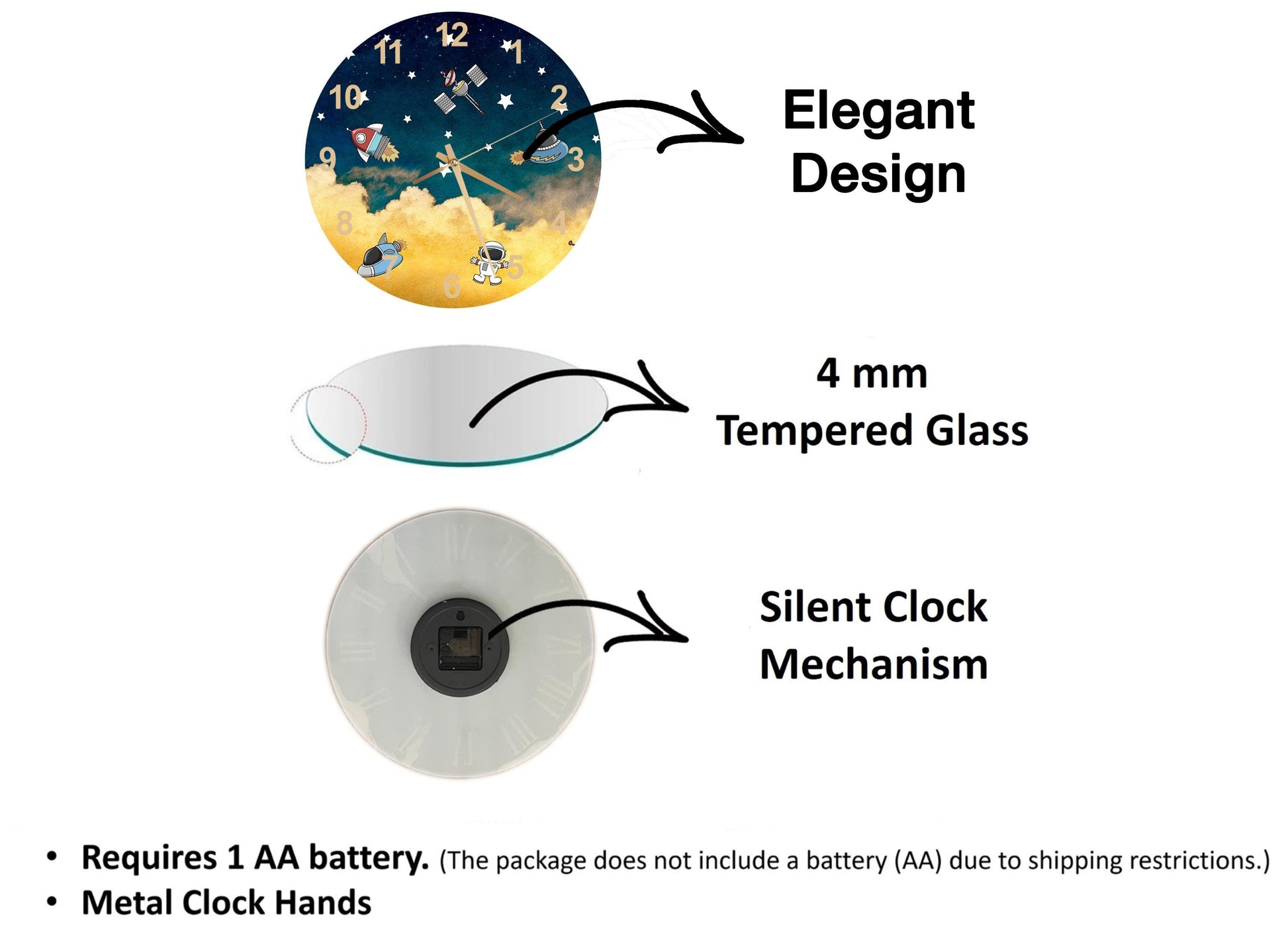 The image is a diagram that illustrates the features of a clock, including its design, size, and mechanism. It shows a 4 mm Tempered Glass clock, a silent clock mechanism, and a metal clock hand. The diagram also includes text that explains the features of the clock, such as the requirement of a 1 AA battery and the absence of a battery (AA) due to shipping restrictions.