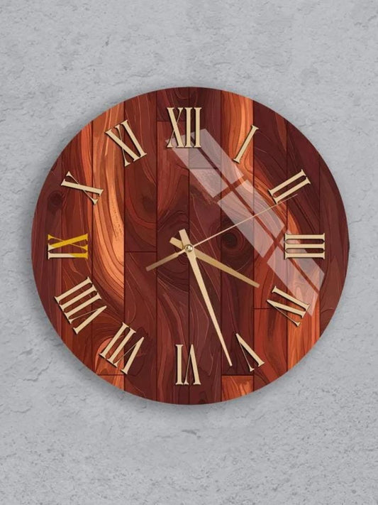six wooden wall clocks with Roman numerals, arranged in a grid pattern on a concrete wall.