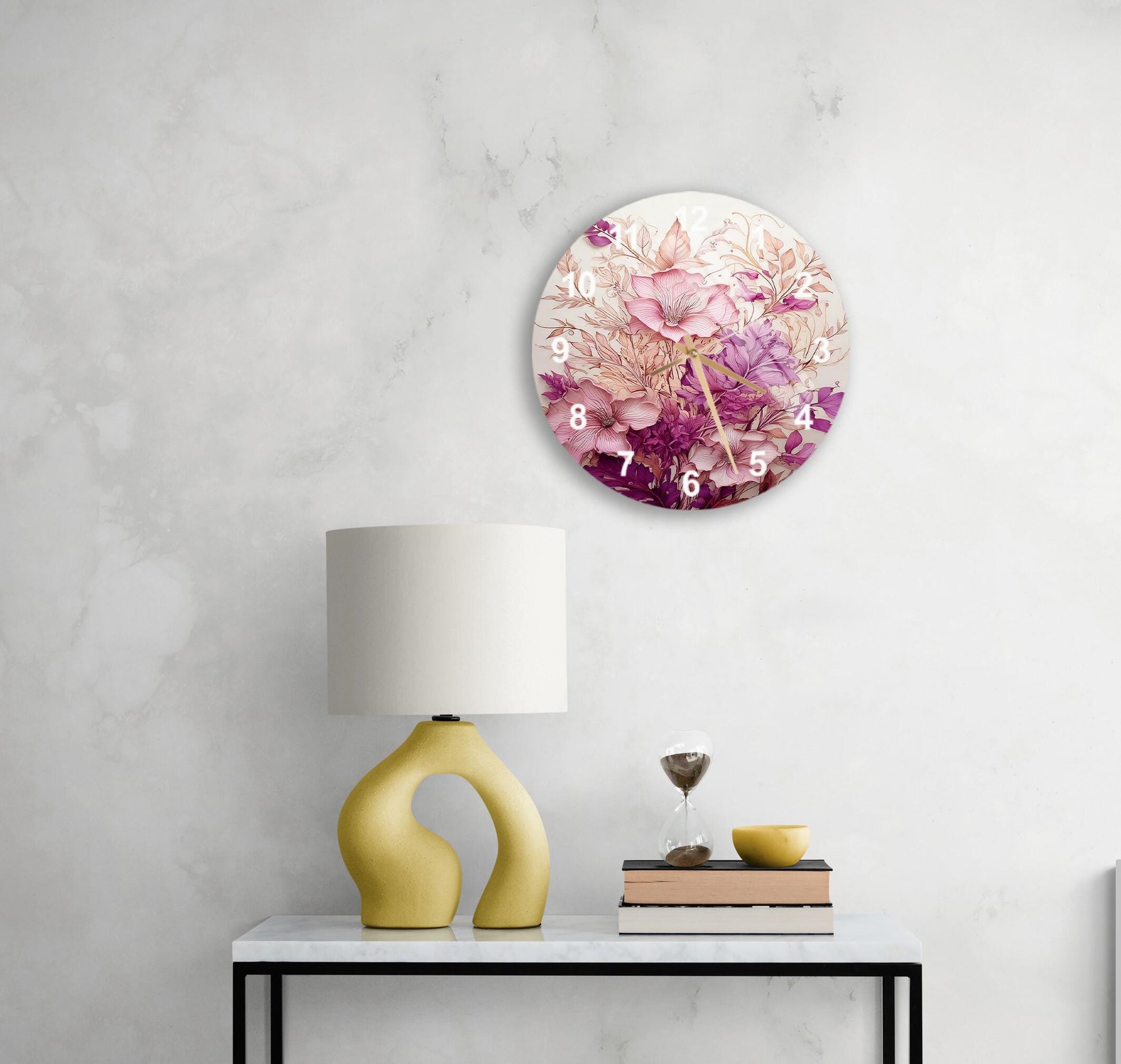 a table with a lamp and a clock on it