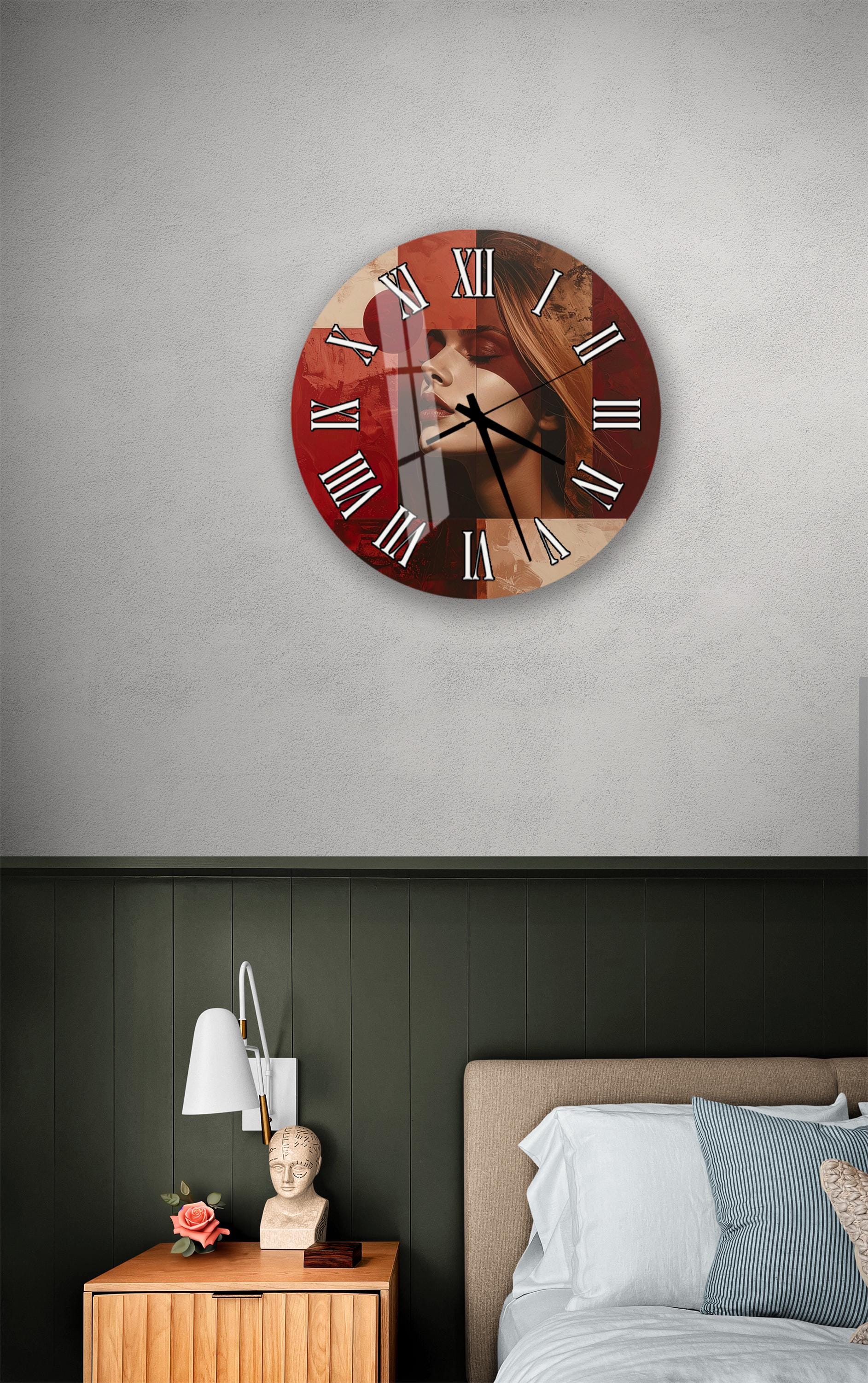 a bedroom setting with a wall clock, a nightstand, and a bed.
