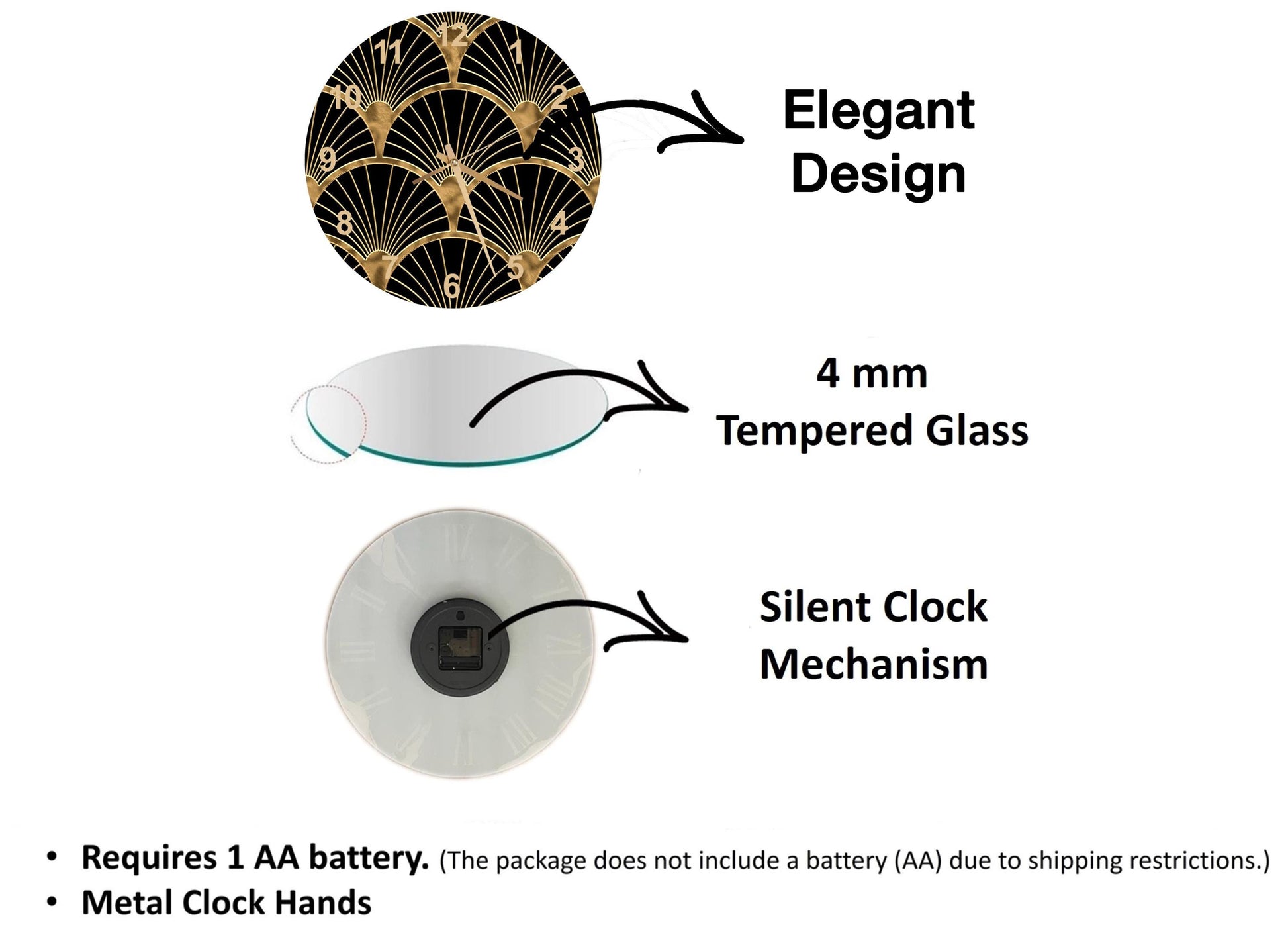 The image is a diagram that illustrates the features of a clock, including the type of glass used, the mechanism, and the battery requirements.
