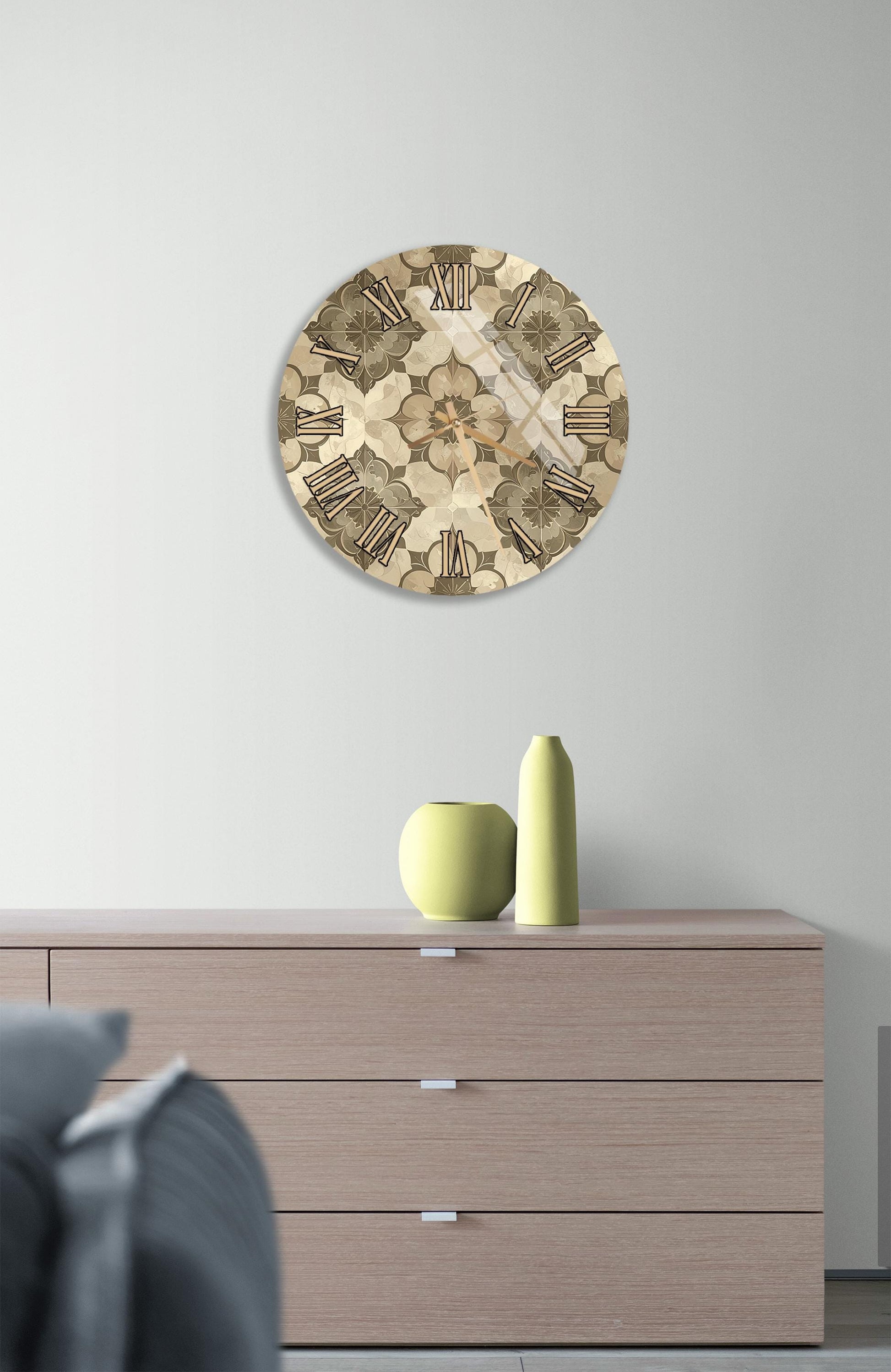 a modern living room with a wooden dresser, a round clock with a floral pattern, and a yellow vase on the dresser.