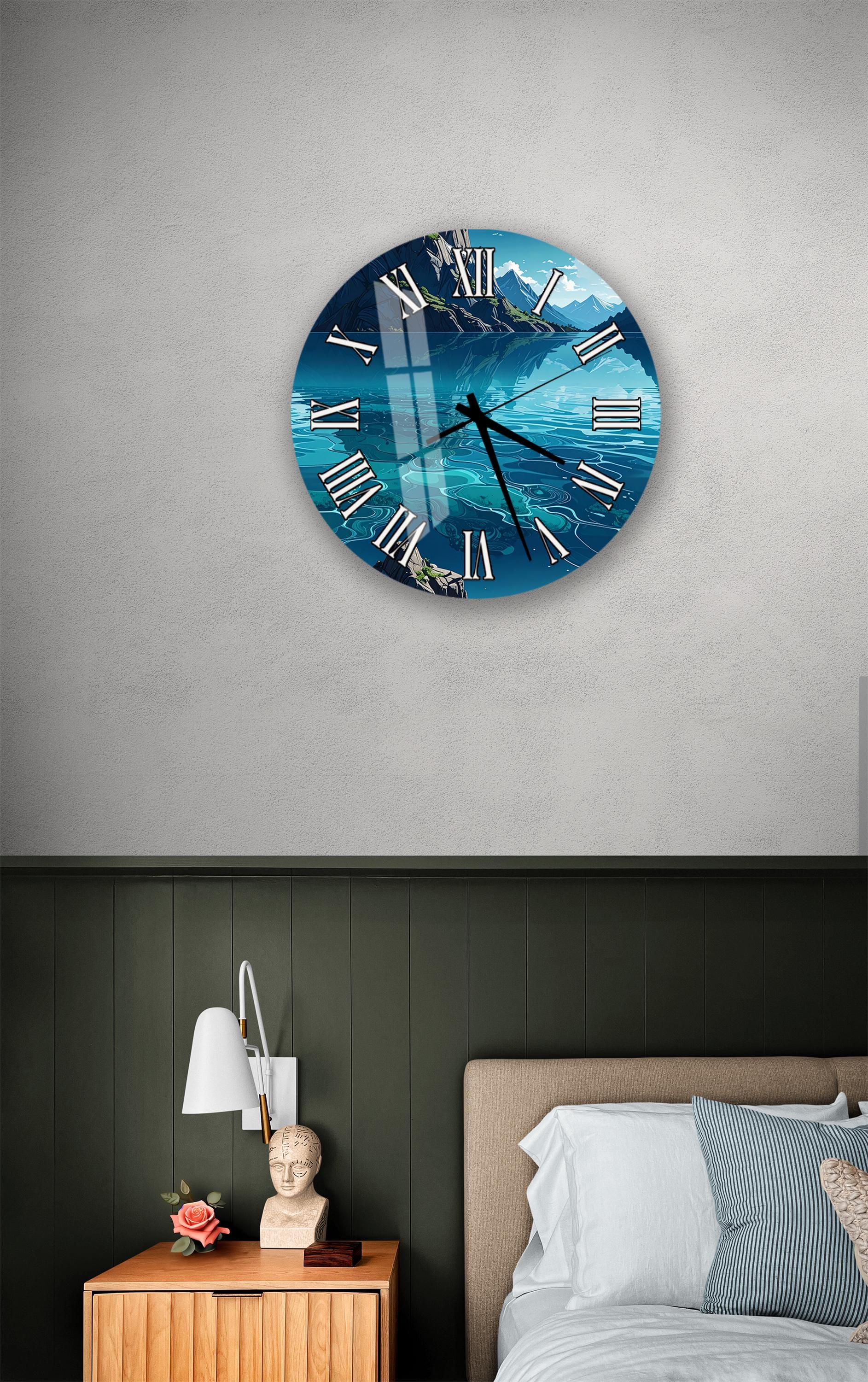 a bedroom setting with a large wall clock displaying a blue ocean scene, a wooden nightstand with a lamp, and a bed with white pillows.