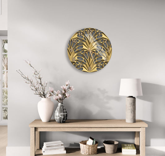 a modern and elegant living room with a wooden console table, a decorative clock, and various decorative items such as a vase with flowers and a lamp.
