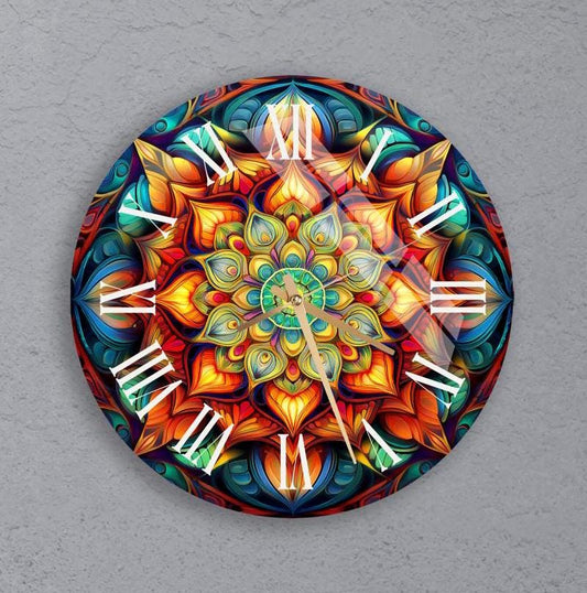 Tempered Glass Wall Clock – Modern Floral Design, Silent Mechanism, Purple Art