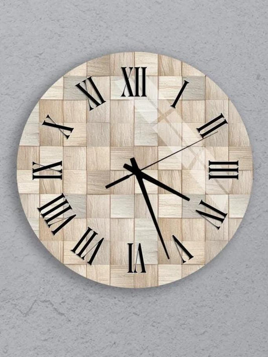 six different wall clocks, each with a unique design and color scheme, arranged in a grid pattern on a gray background.