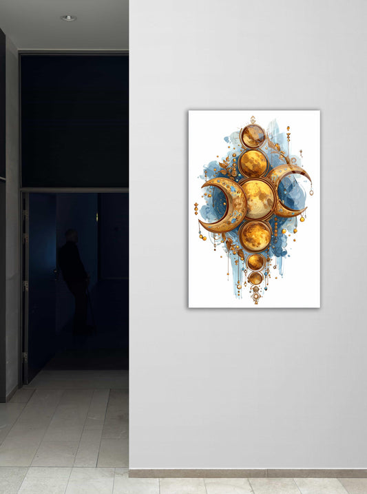 Triple Moon Goddess Wall Art - Celestial Phase Decor | Mystical Gold Sun Design