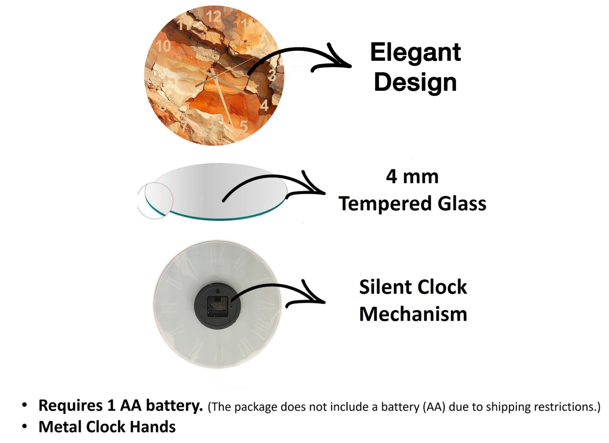 The image is a diagram that illustrates the features of a clock, including the type of glass used, the mechanism, and the battery requirements.