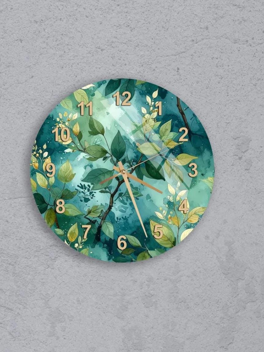 six round wall clocks with a green and white floral design.