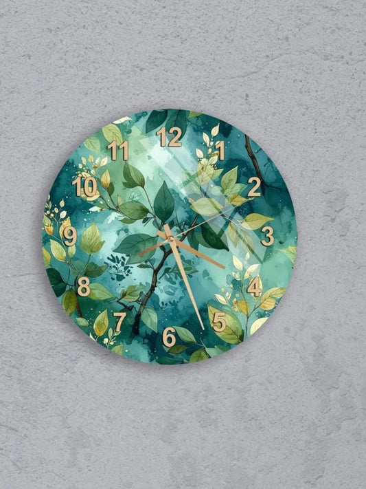 six round wall clocks with a green and white floral design.