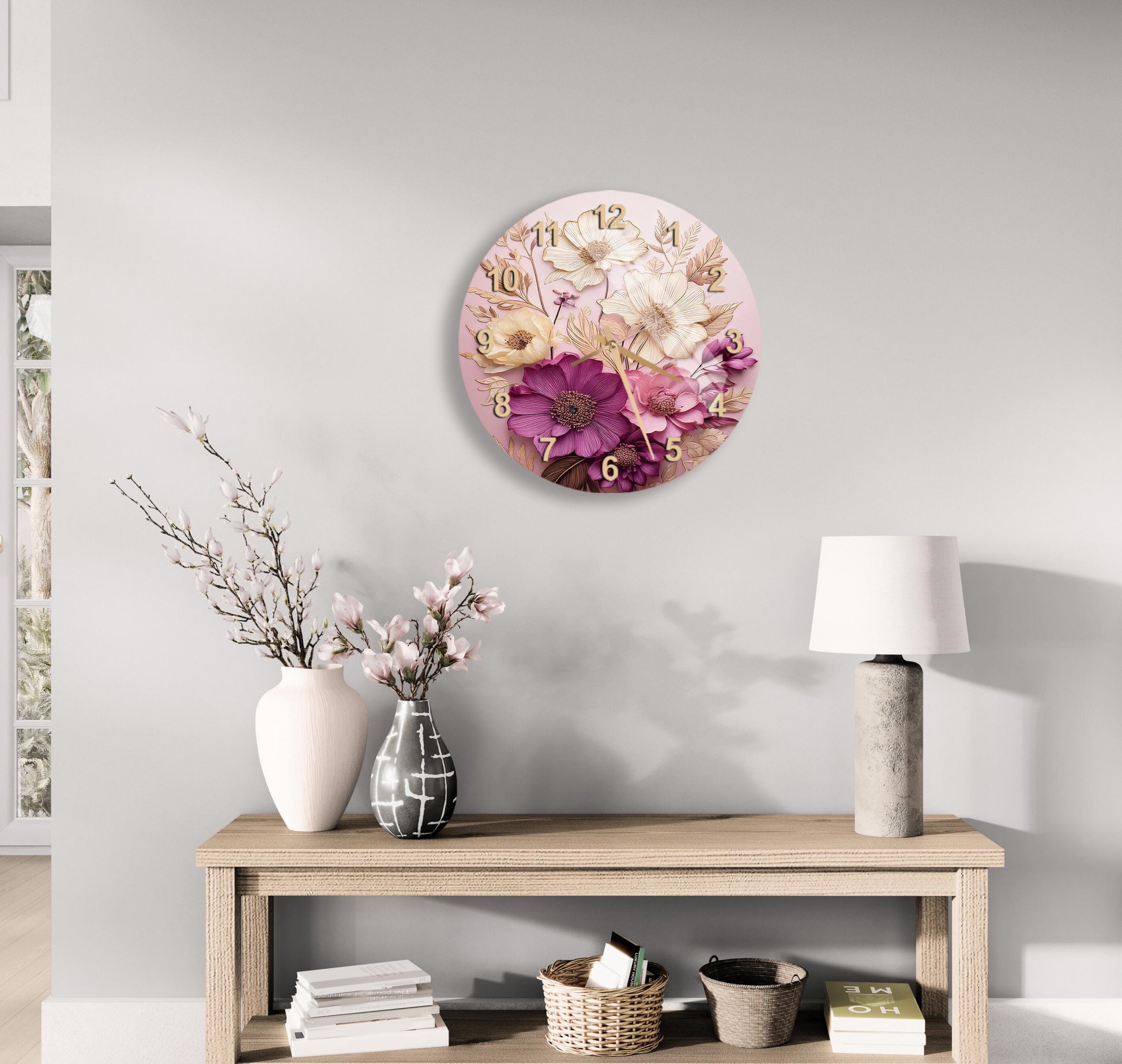 a wooden table with a vase of flowers on top of it