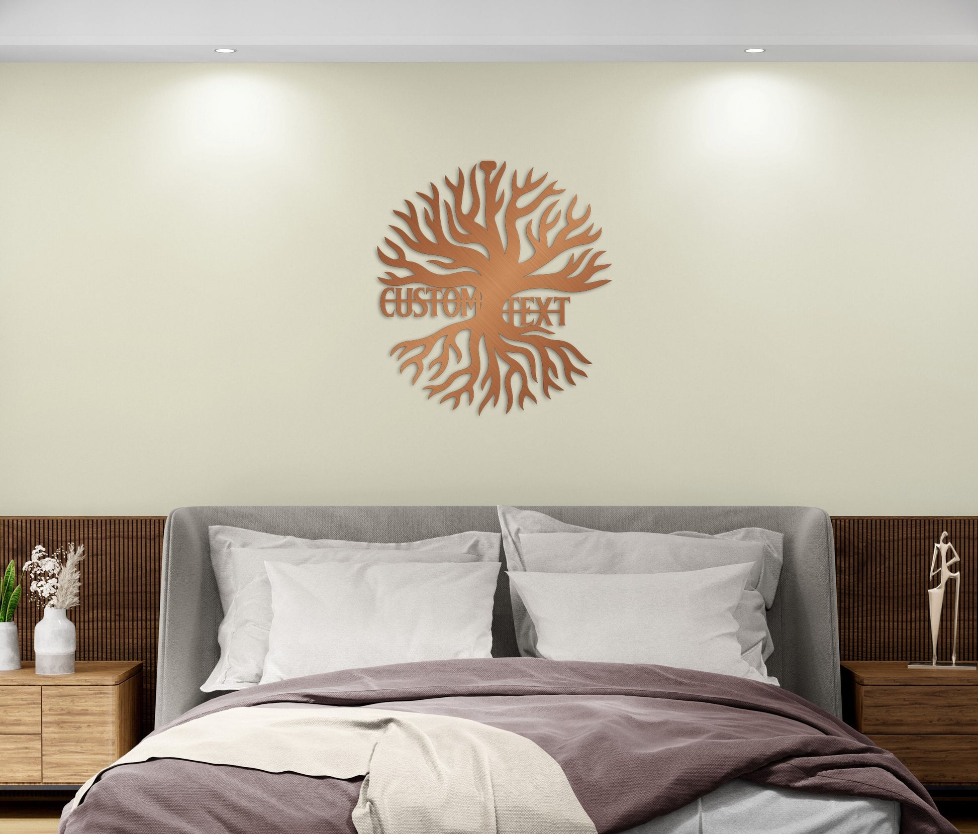 a bedroom with a large bed and a wall decoration