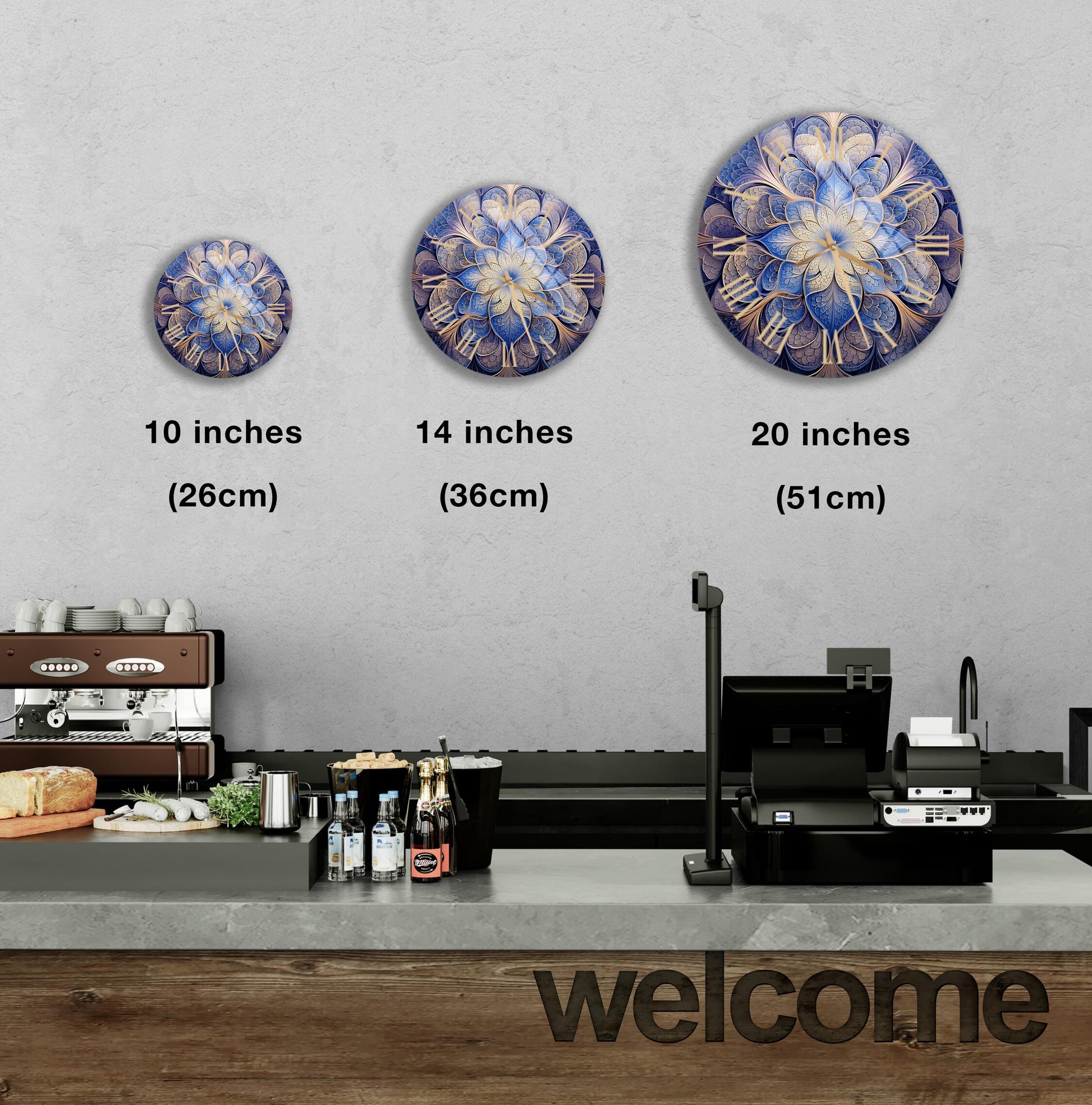 a kitchen counter with three plates on it