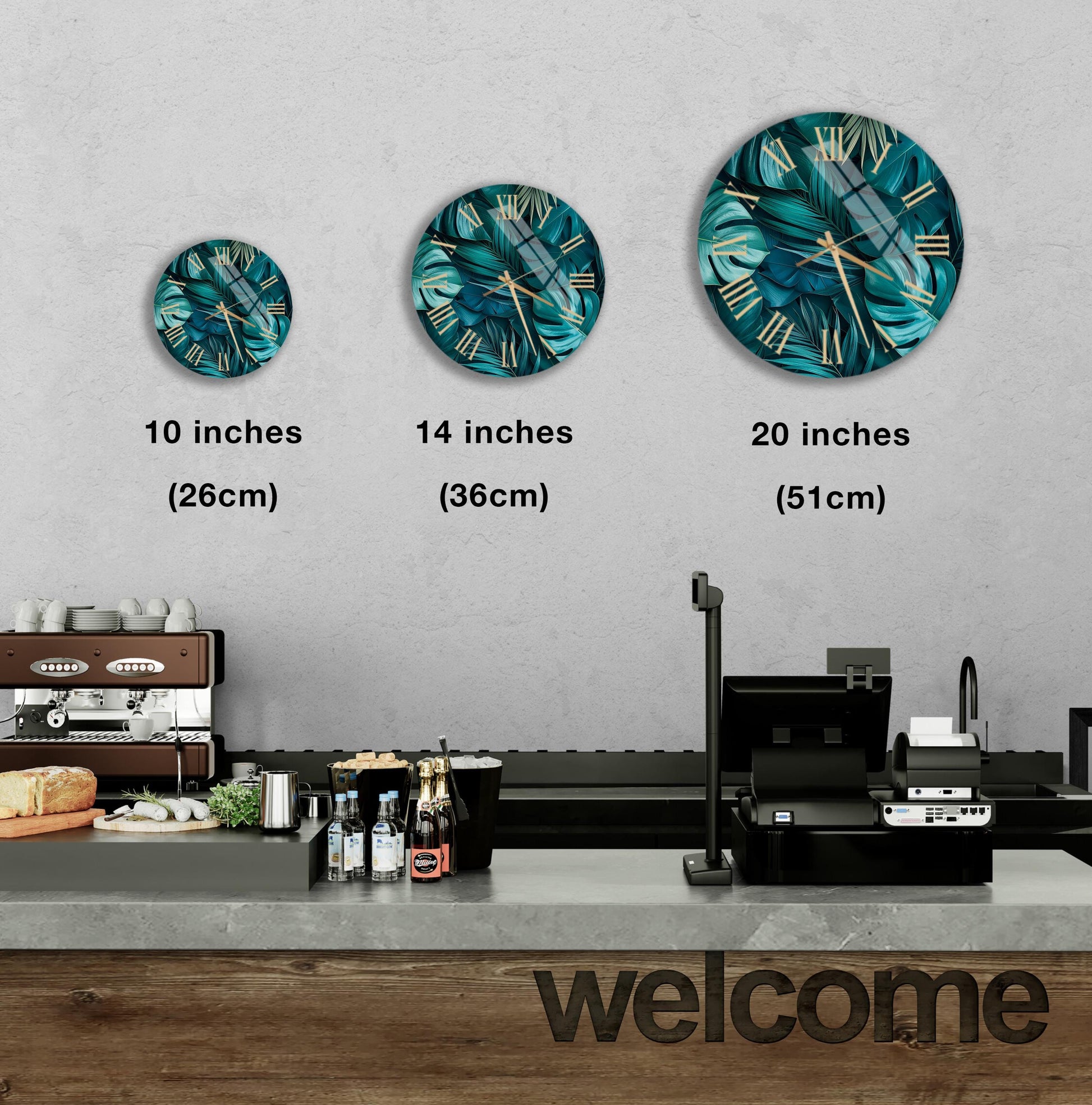 a wall with three round wall clocks of different sizes, each displaying a tropical plant design. Below the clocks, there is a counter with various items such as bottles and a cash register. The word "welcome" is written on the counter.