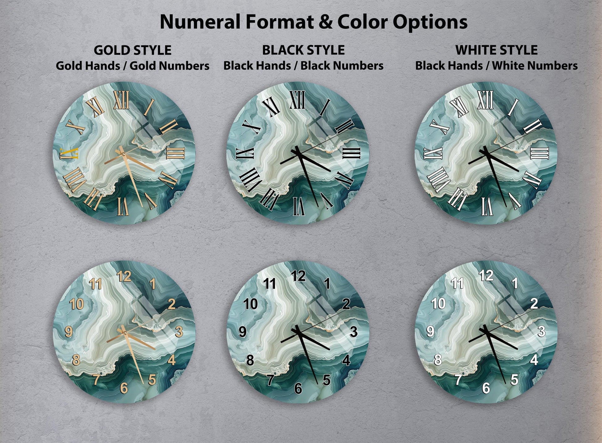 a collection of six clock faces with different styles and color options, arranged in a grid format.