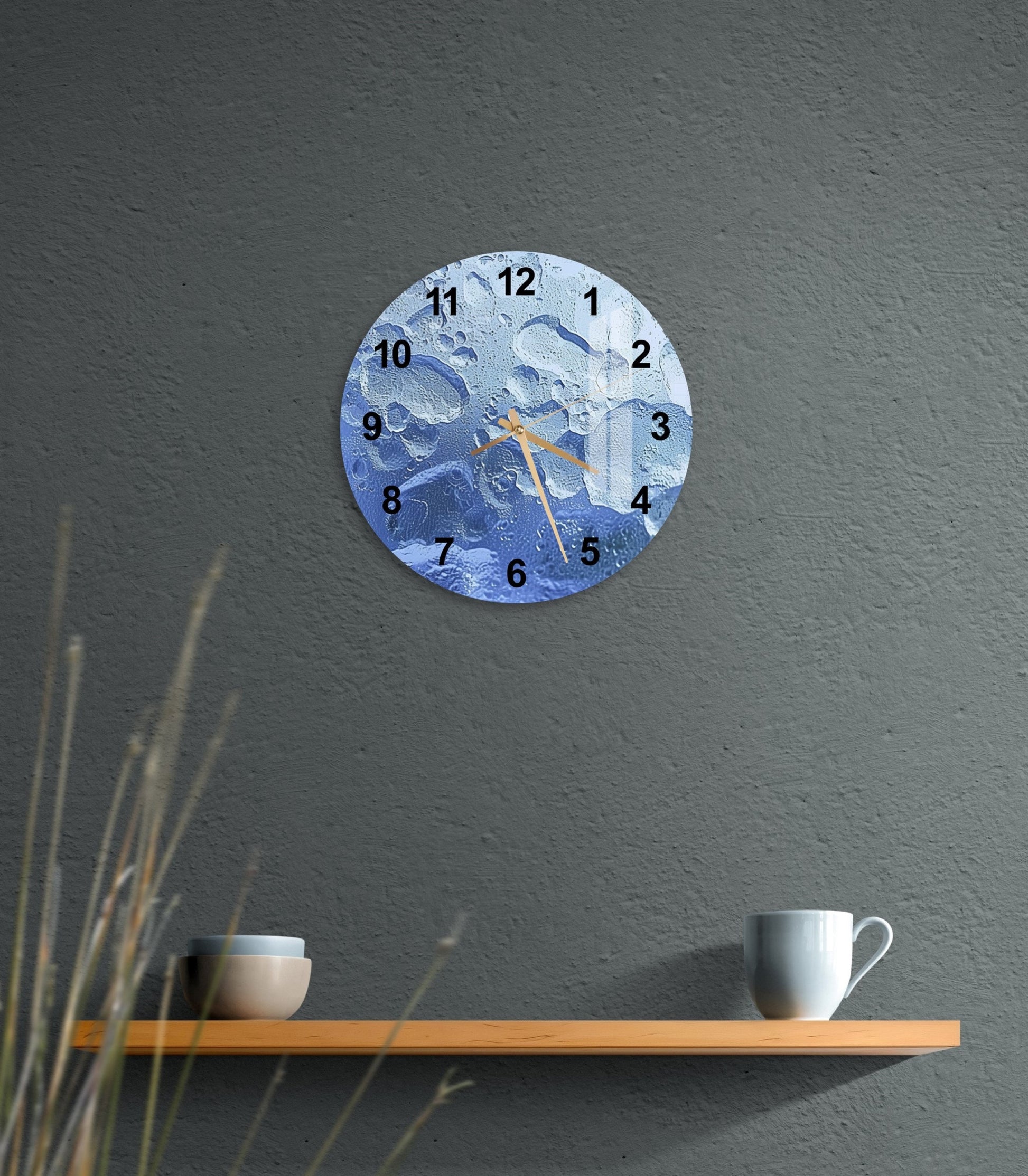 a clock on a wall with a cup on a shelf