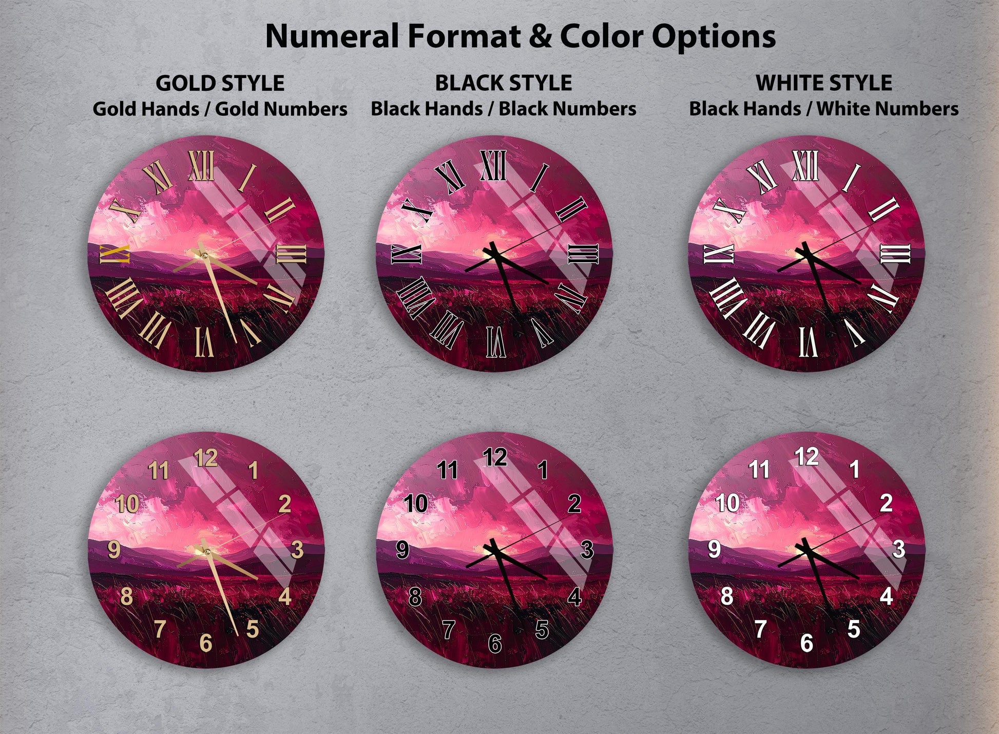 a collection of six clock faces, each with a different color and style, arranged in a grid. The clocks feature various color schemes and styles, including gold hands, black hands, and white hands. The clocks are set against a pink and purple background, creating a visually appealing contrast.
