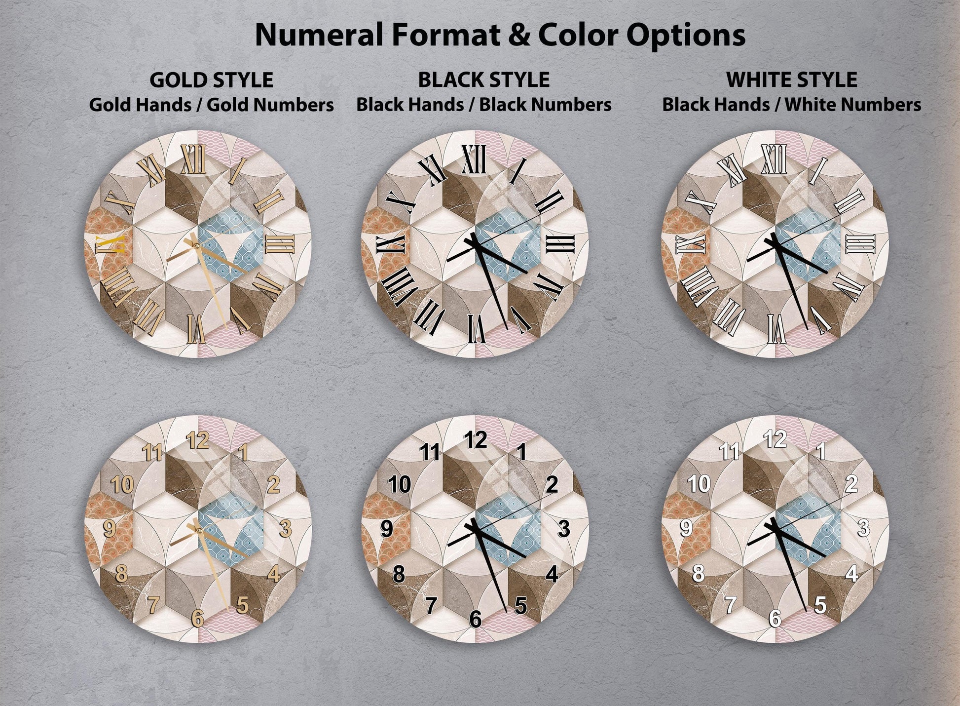 a collection of six wall clocks with different styles and color options, arranged in a grid format.