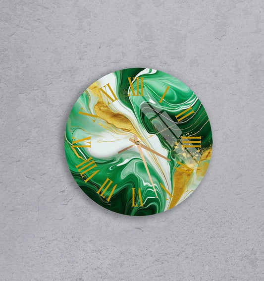 Tempered Glass Wall Clock - Marble Style Abstract Green Gold Decor for Kitchen
