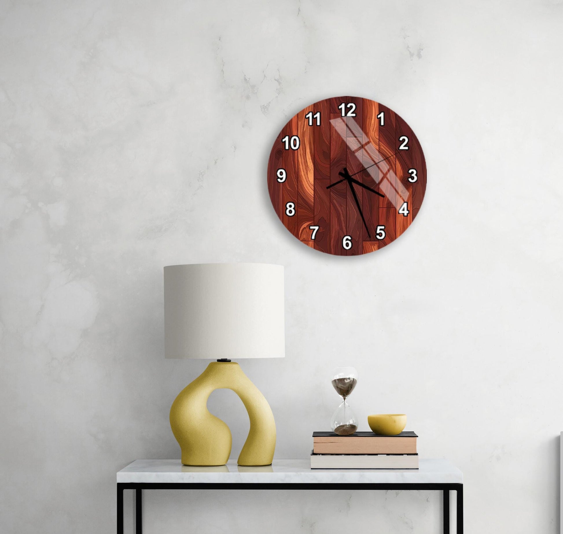 a modern interior design with a wooden clock, a yellow lamp, and a white table.