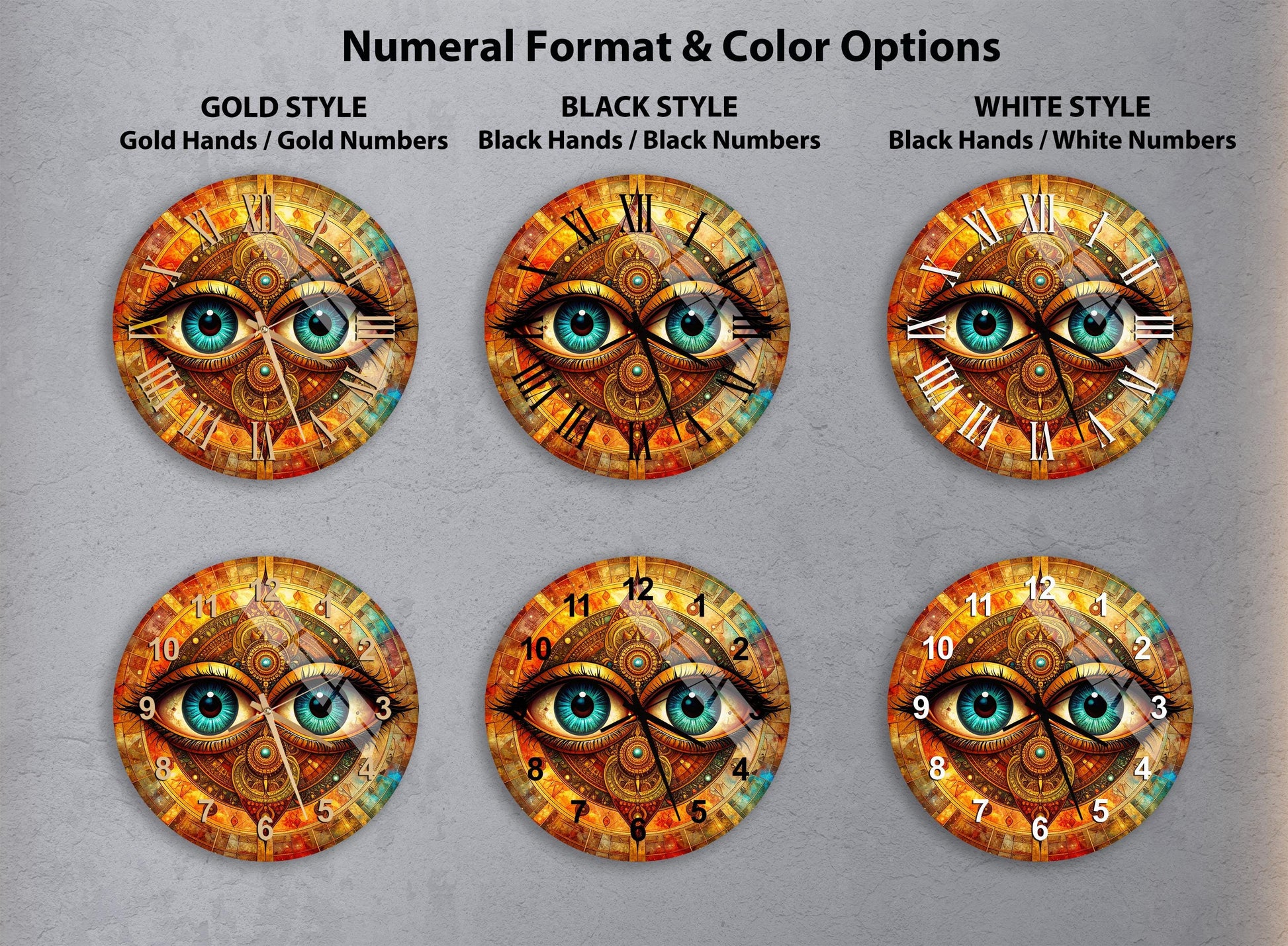 a collection of six clock faces with unique styles and color options, featuring a central theme of eyes.