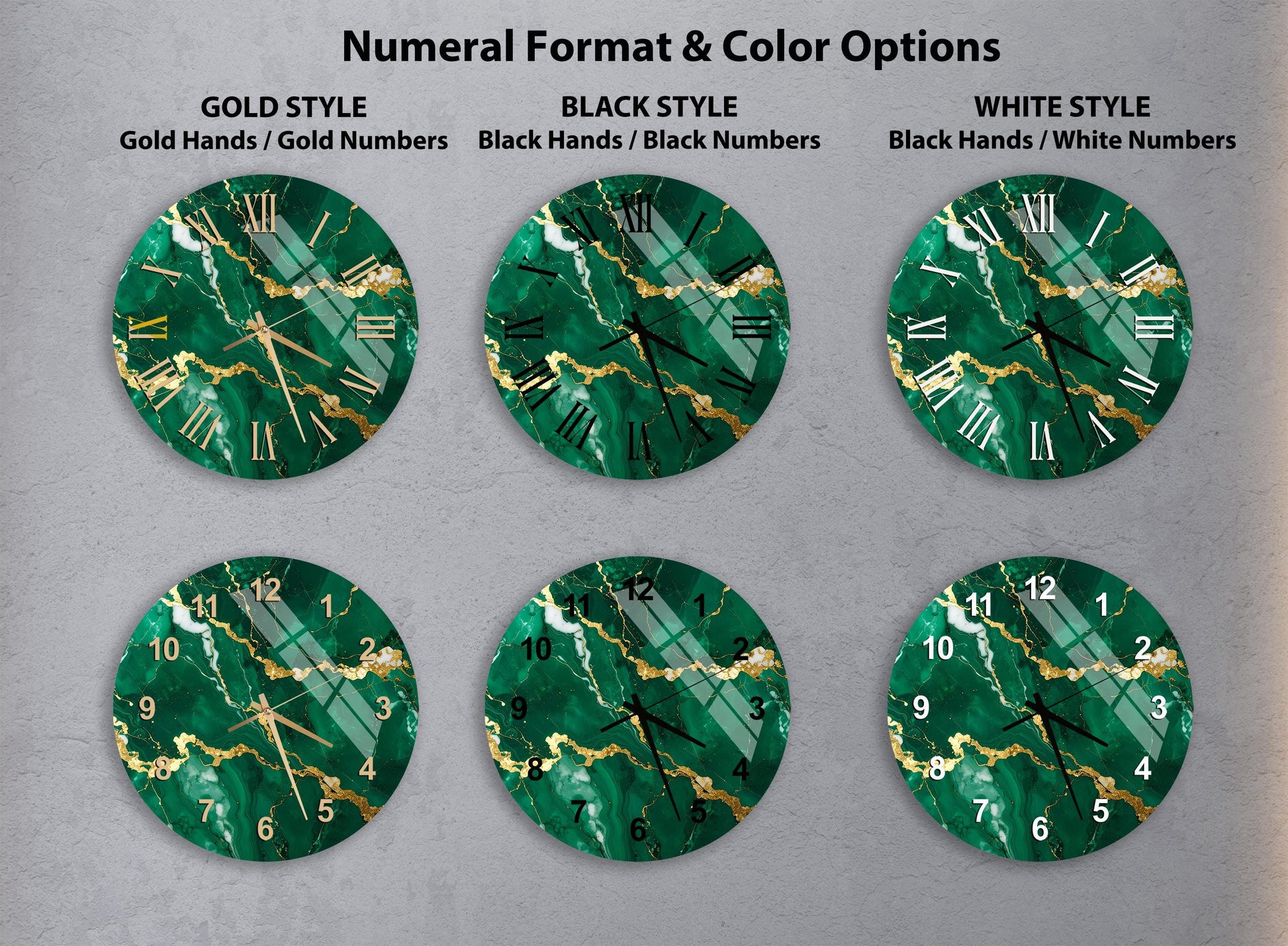 a collection of six clock faces with different styles and color options, including gold hands, black hands, black numbers, and white numbers.