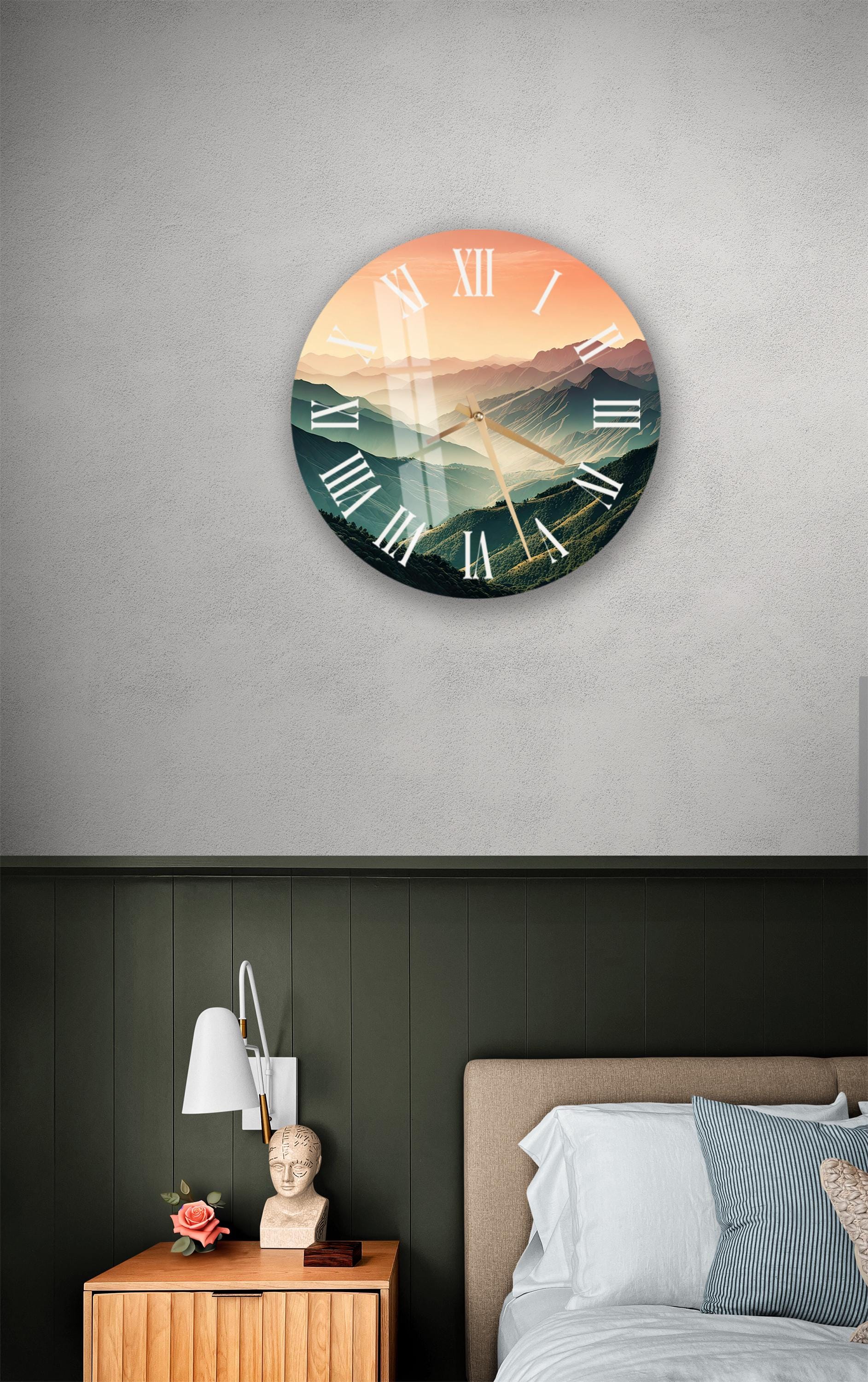 a bedroom with a bed and a clock on the wall