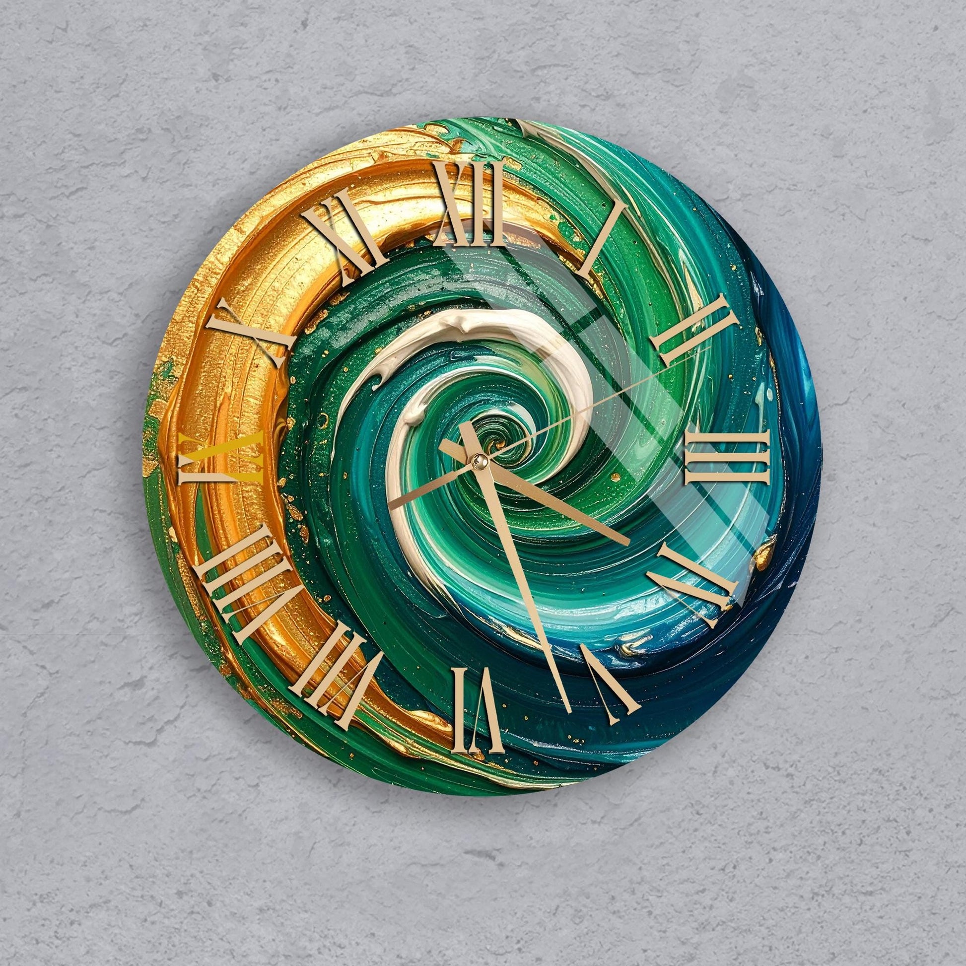 A clock with a spiral design in gold and green colors, featuring Roman numerals.