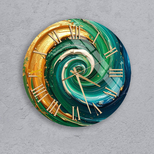 A clock with a spiral design in gold and green colors, featuring Roman numerals.