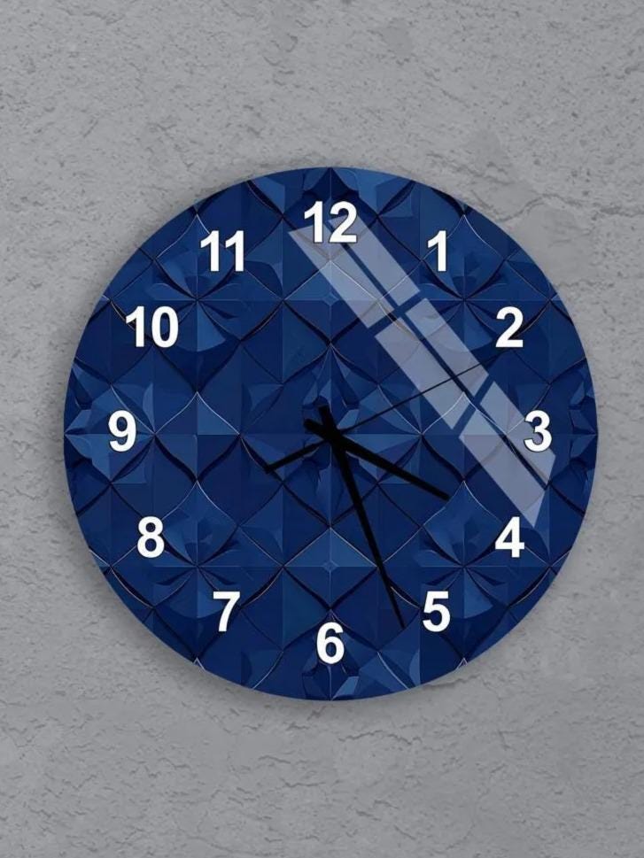 six blue wall clocks with gold hands and numbers, arranged in a grid pattern on a gray wall.
