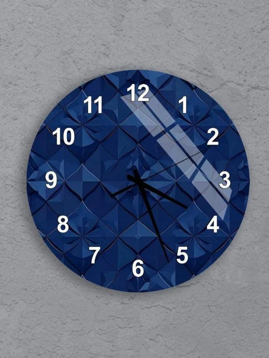 six blue wall clocks with gold hands and numbers, arranged in a grid pattern on a gray wall.