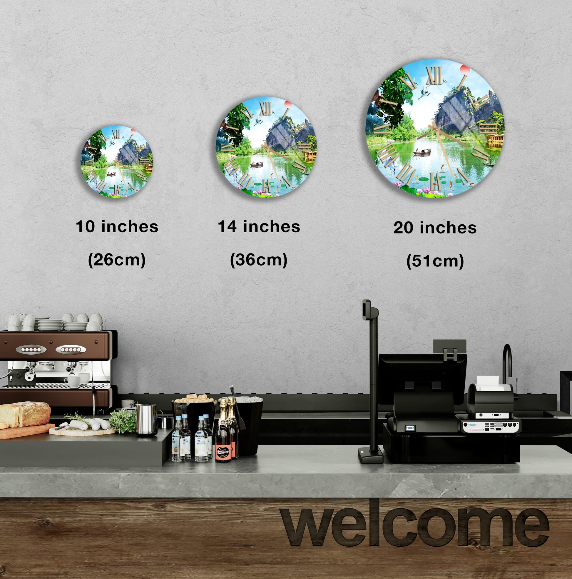 a counter with a cash register, a coffee machine, and various food items such as bottles and bread. Above the counter, there are three clock images of different sizes, indicating the time in inches. The image also includes a welcome sign on the counter.