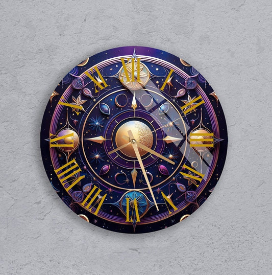 Tempered Glass Wall Clock - Celestial Lunar Phases, Deep Blue Decor Art
