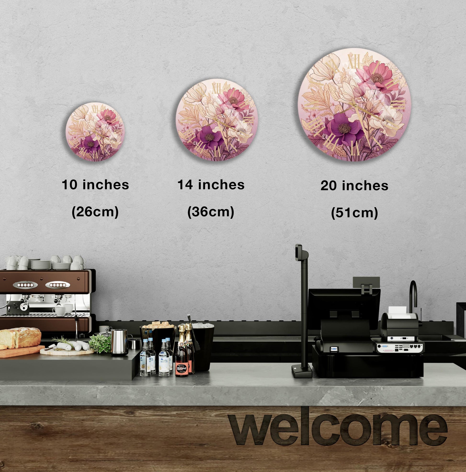 a coffee shop with three circular pictures of flowers on the wall