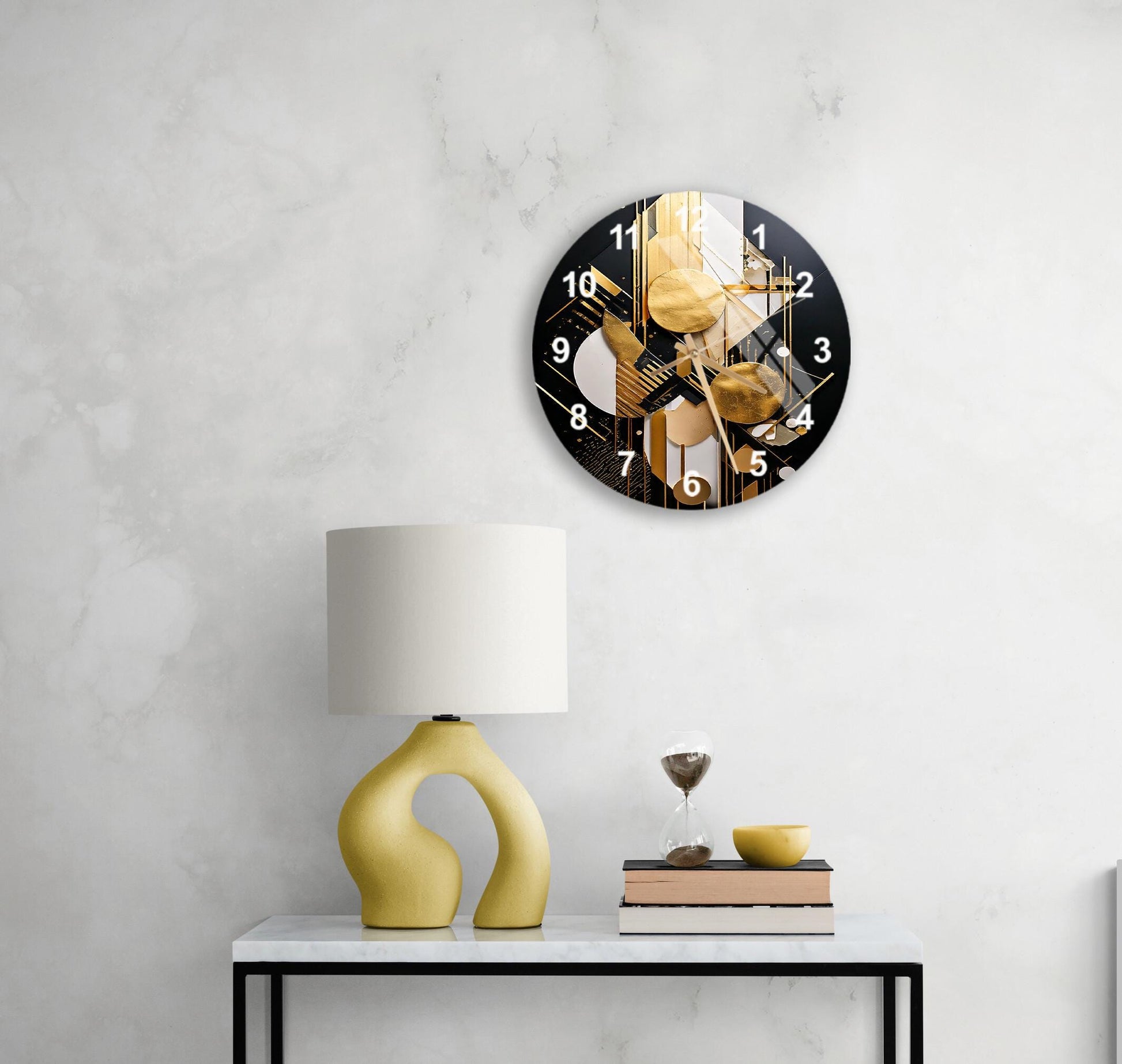 a white table with a lamp and a clock on it