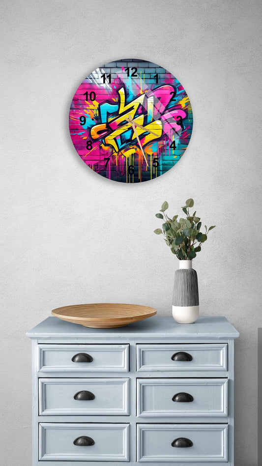 Glass Wall Clock – Tempered Glass, Colorful Graffiti Art, Silent Mechanism