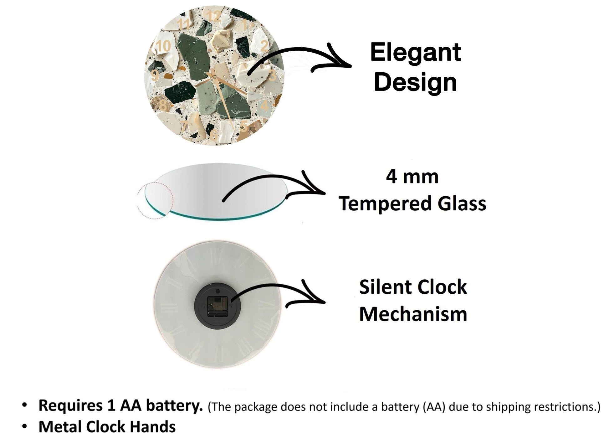 The image is a diagram that illustrates the features of a clock mechanism, including a 4 mm Tempered Glass, a Silent Clock Mechanism, and Metal Clock Hands.