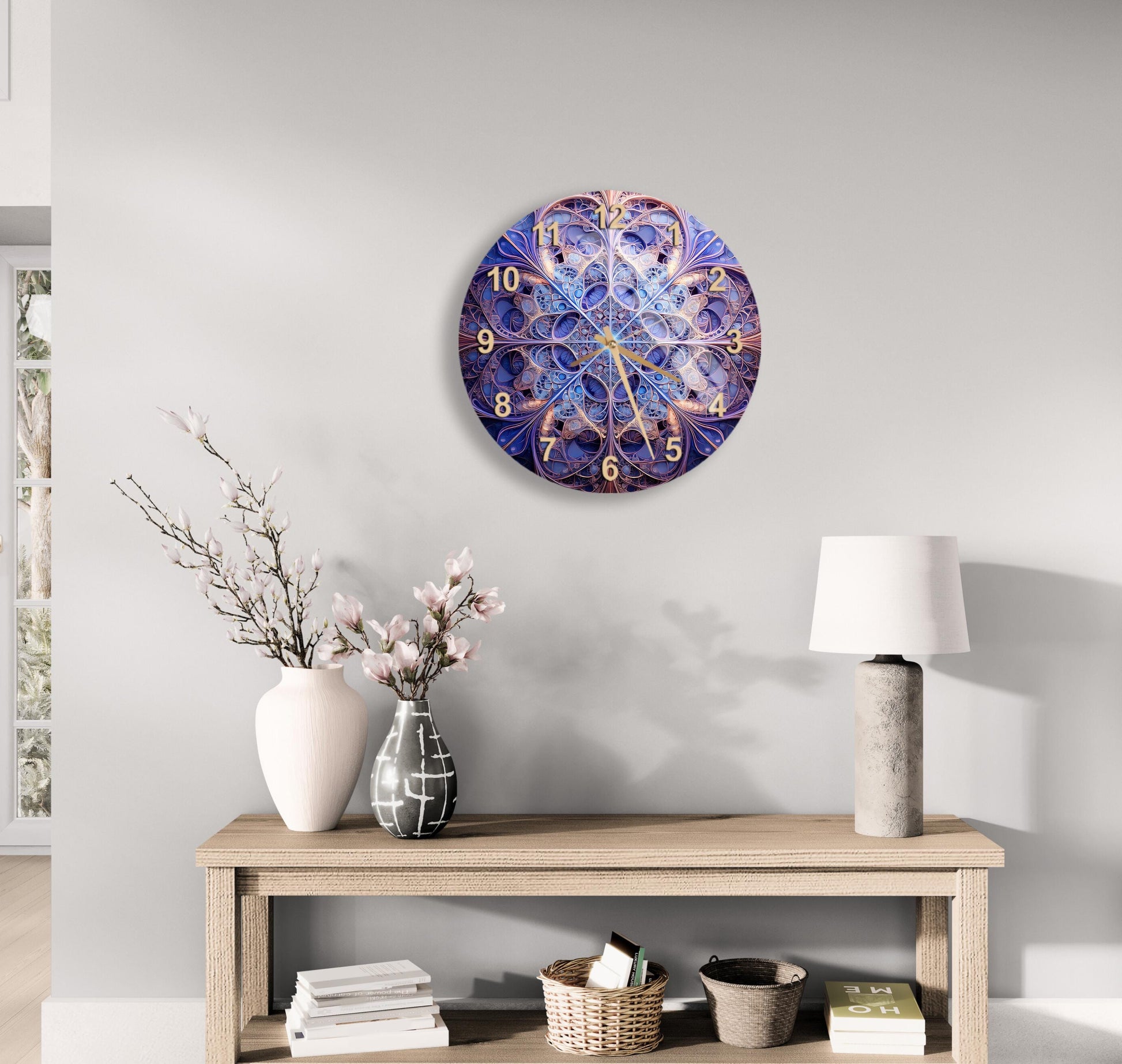 a table with a vase of flowers and a clock on the wall