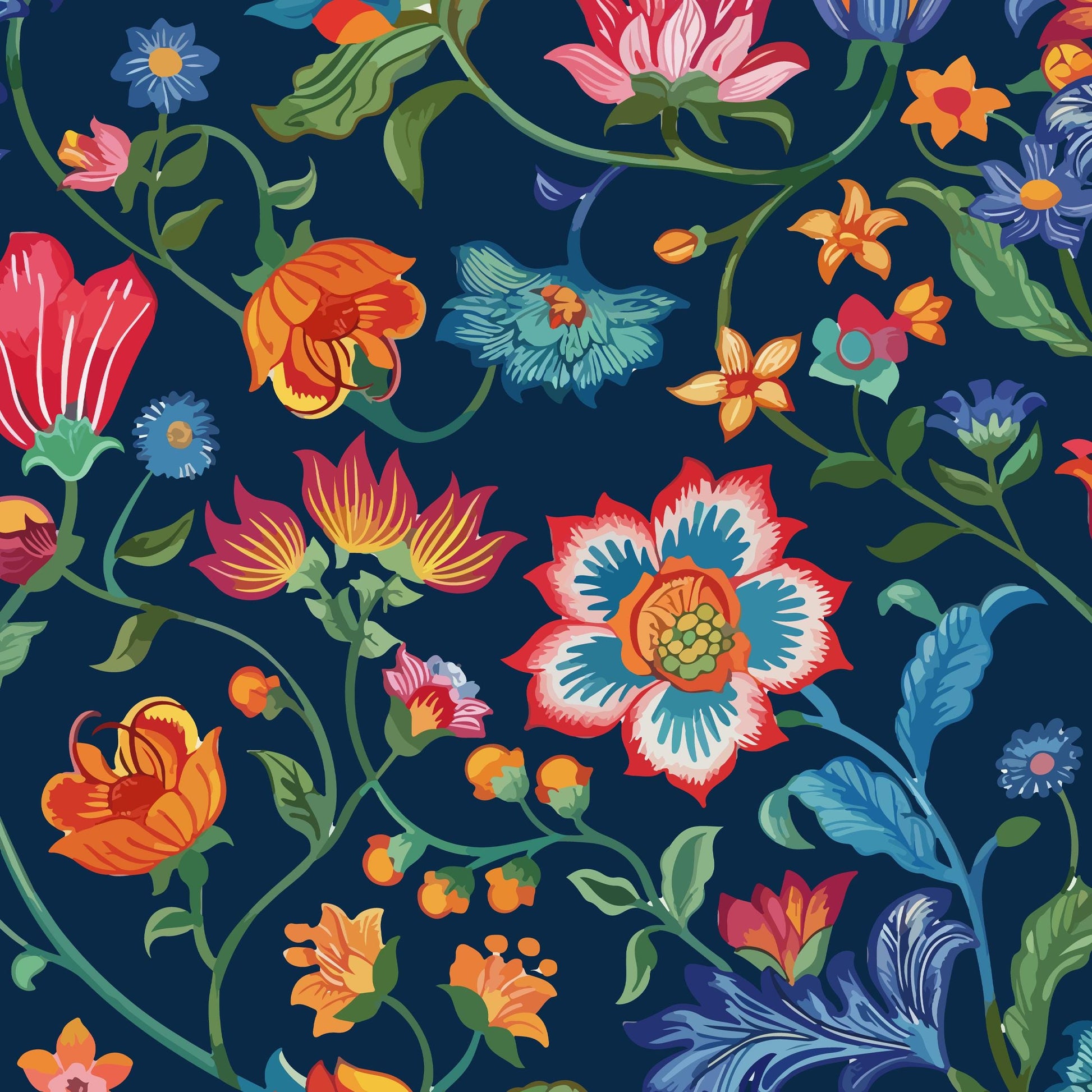 The image is a vibrant and colorful floral pattern featuring a variety of flowers and leaves in shades of orange, pink, blue, and green against a dark blue background.