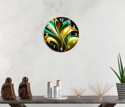 Glass Wall Clock - Tempered Glass Gold Emerald Abstract Design for Living Room