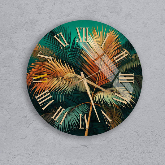 a clock with palm leaves and roman numerals