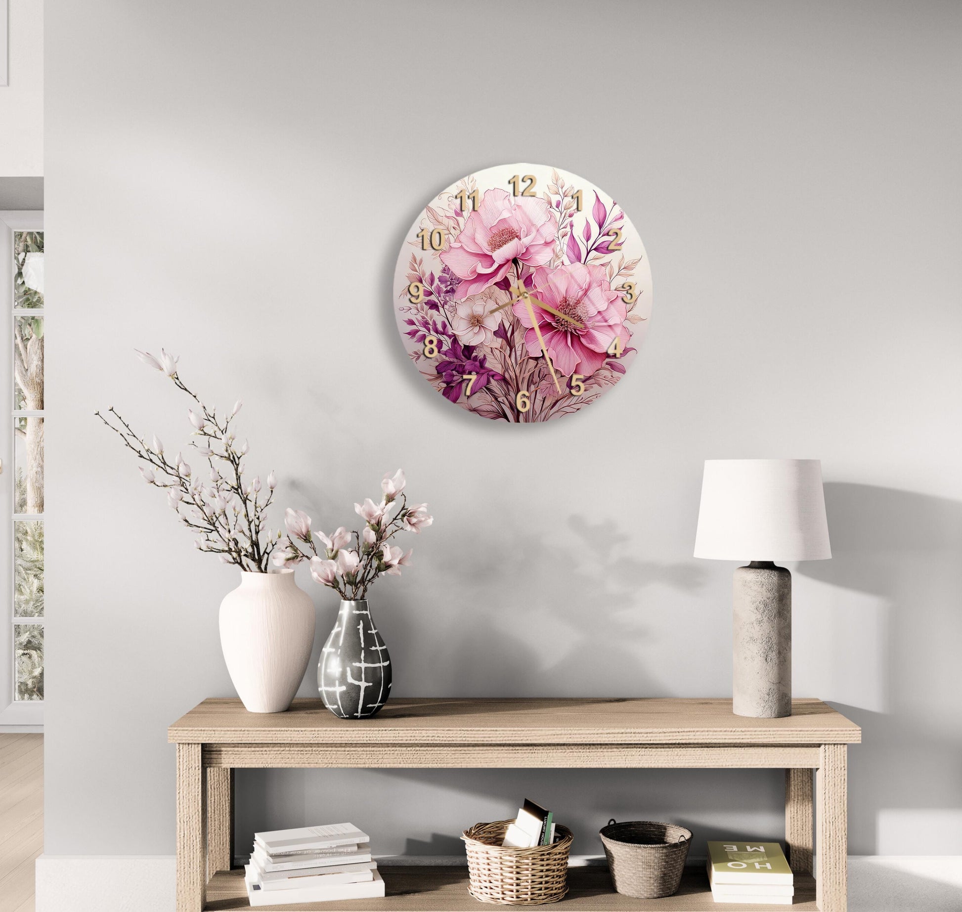 a wooden table with a vase of flowers on top of it